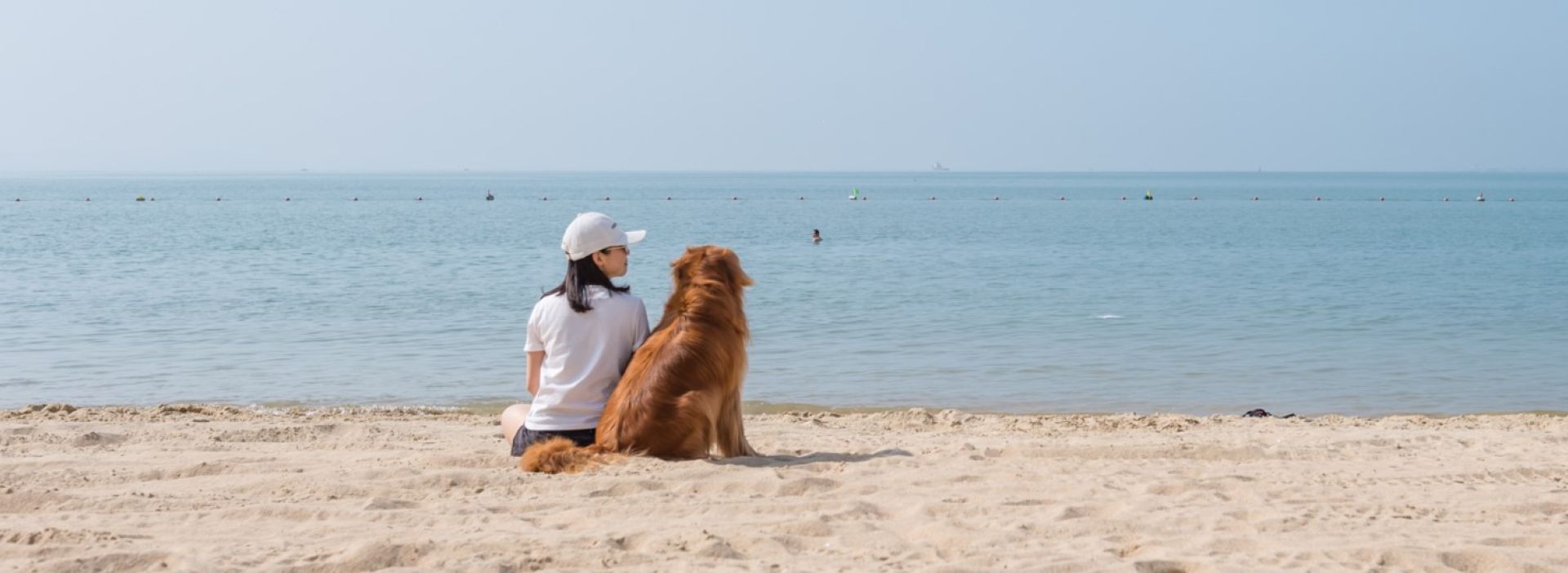 Frau und Hund sitzen am Strand und schauen aufs Meer